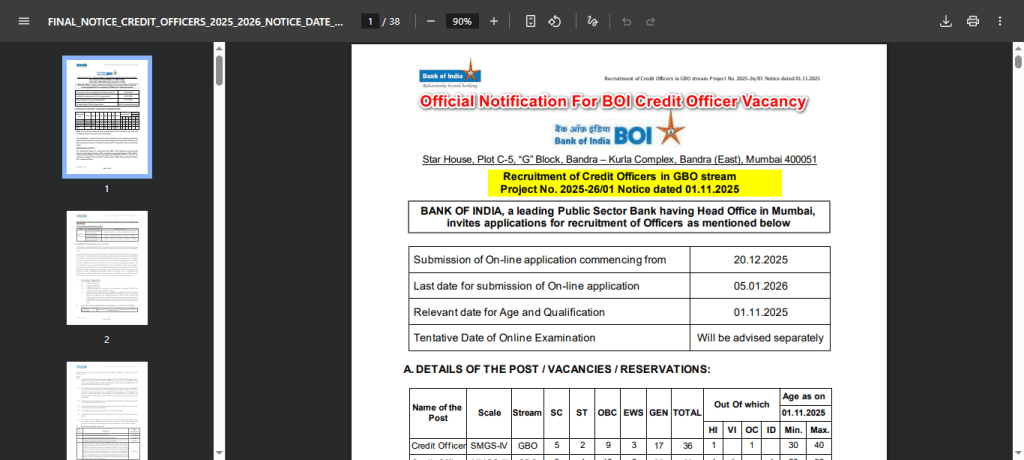 Screenshot of the official Bank of India Credit Officer Recruitment 2025 notification PDF showing the project number, application dates (20 Dec - 05 Jan), and vacancy table.