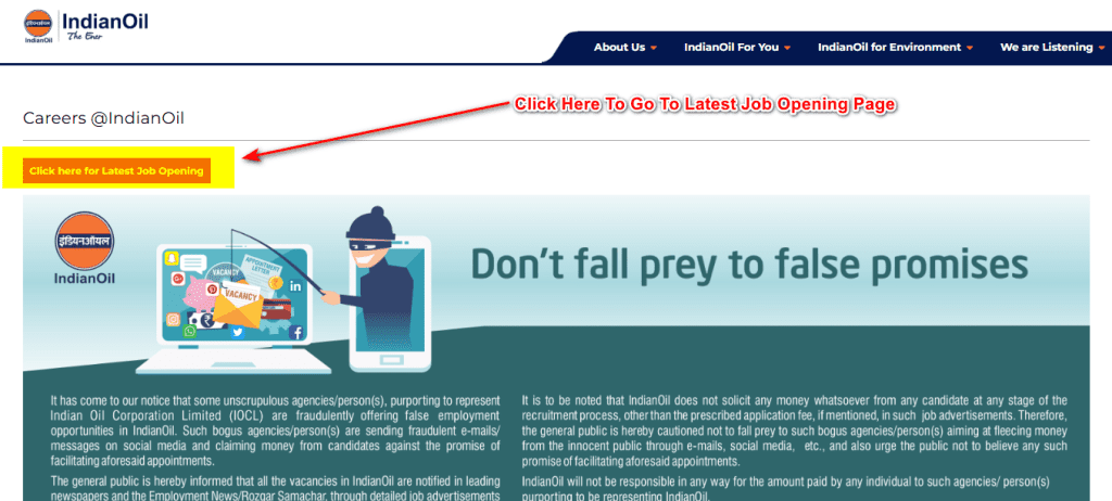 IOCL Careers page with a yellow button highlighting the link for Latest Job Openings.