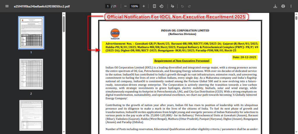 Screenshot of the first page of the official IOCL Non-Executive Recruitment 2025 notification PDF showing advertisement numbers and the date 20-12-2025.