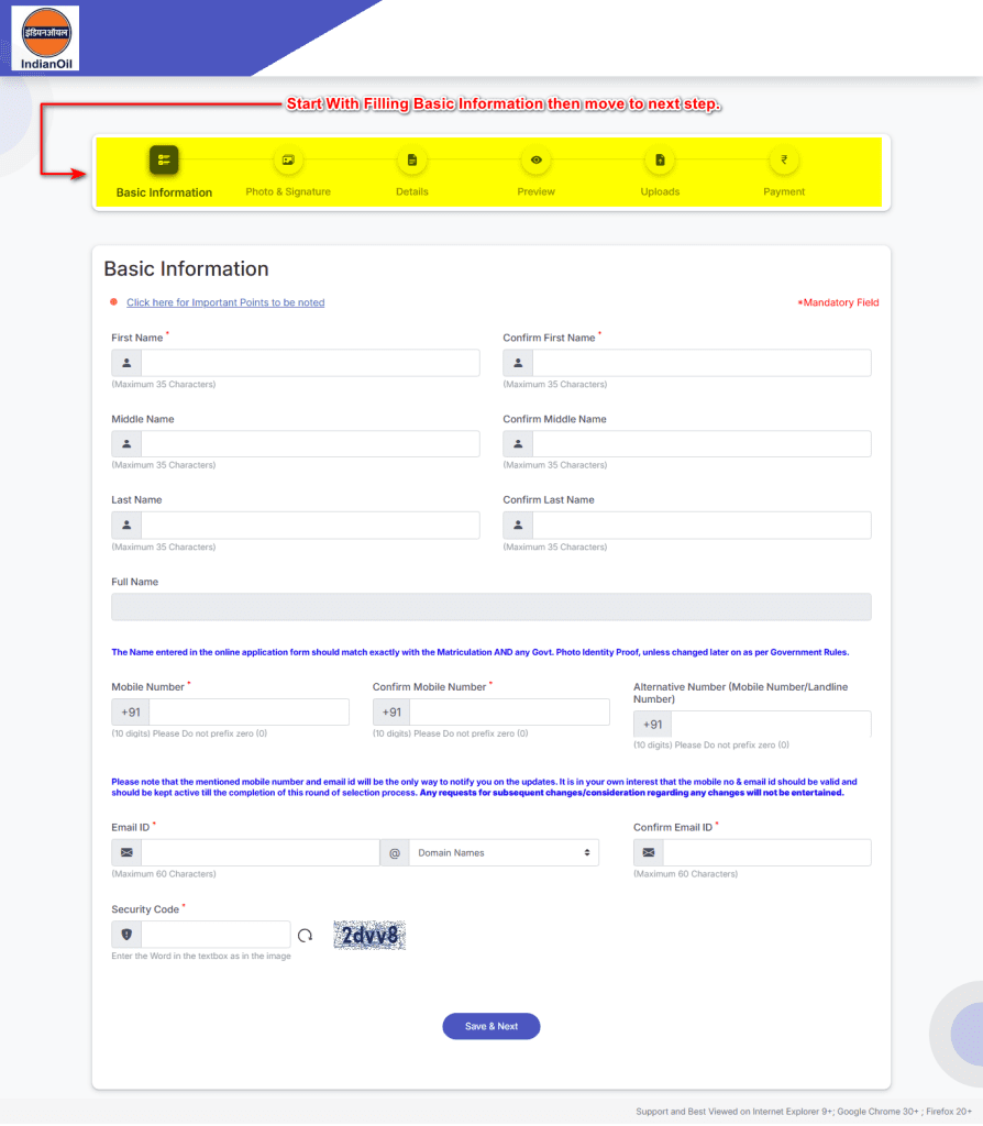 IOCL online application form Basic Information tab showing name, mobile, and email fields.