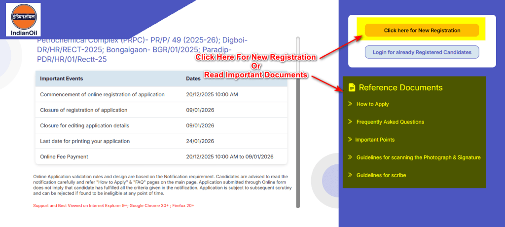 IOCL recruitment portal displaying important dates and the New Registration button.