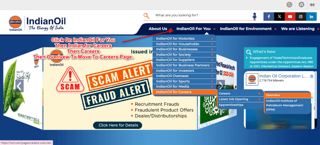 Screenshot of IOCL official website menu showing navigation path IndianOil For You to Careers page.
