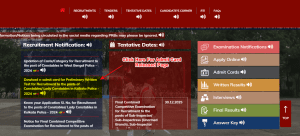 PRB WB recruitment dashboard showing Admit Cards option and recruitment notifications for Kolkata Police Constable 2024