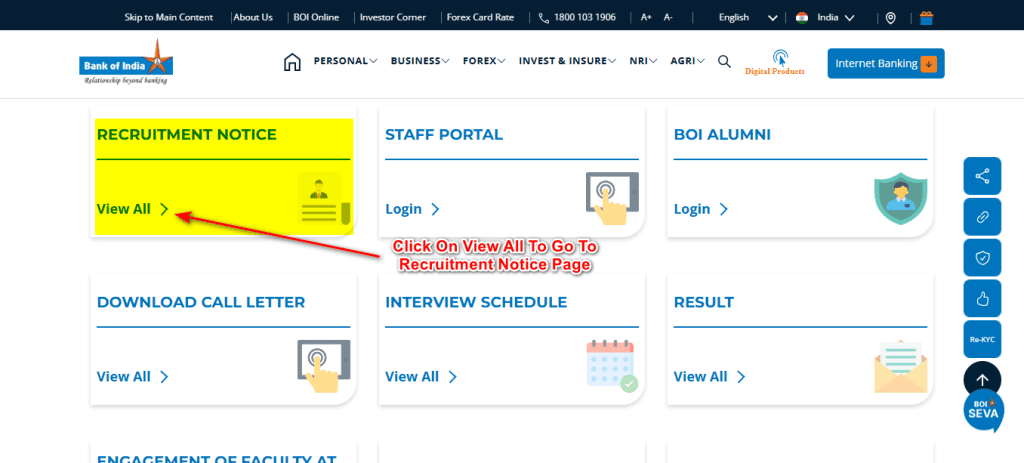 Screenshot of the 'Recruitment Notice' section on the BOI Career page with the 'View All' arrow highlighted to find active jobs.