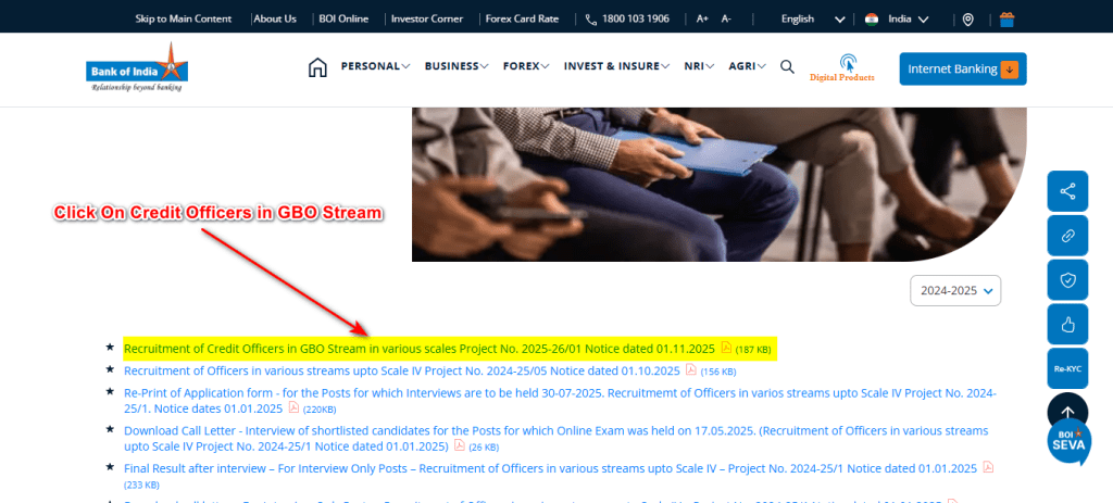 Screenshot showing the specific link for 'Recruitment of Credit Officers in GBO Stream Project No. 2025-26/01' highlighted.