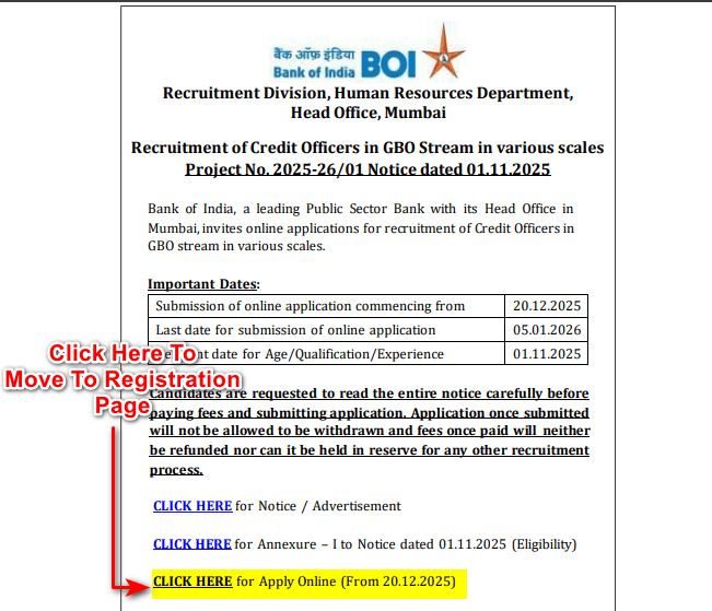 Screenshot of the recruitment detail page showing the yellow highlighted link 'CLICK HERE for Apply Online' active from 20.12.2025.