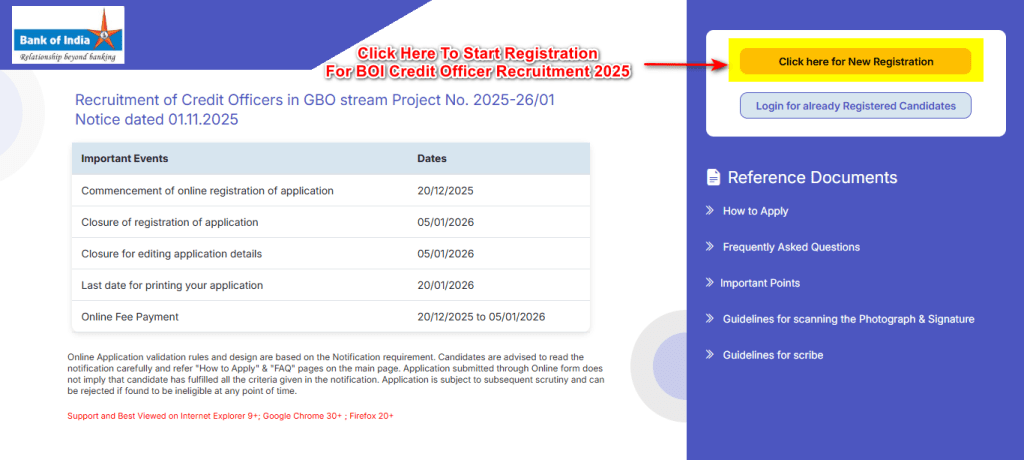 IBPS online application portal screenshot showing the yellow 'Click here for New Registration' button for new candidates.