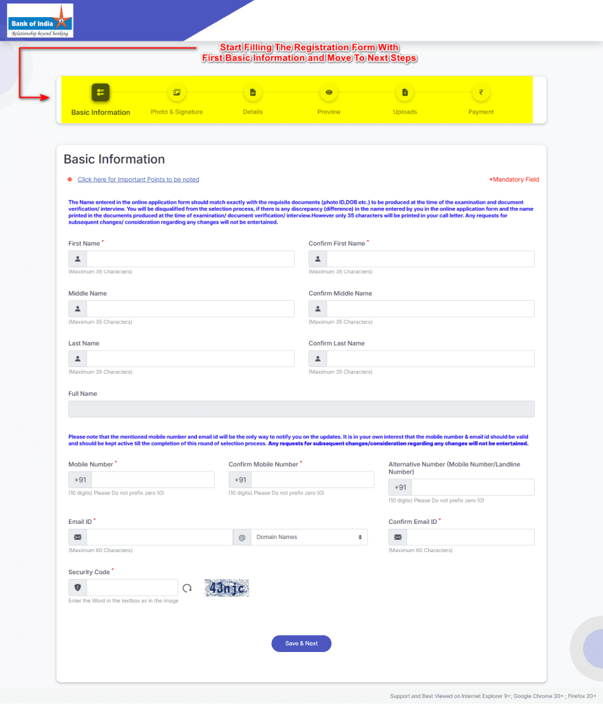 Screenshot of the Basic Information form requiring First Name, Mobile Number, and Email ID to generate a registration ID.